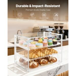 bakery display case, 3 tier commercial countertop pastry display case, clear acrylic bread box for kitchen, party cake cabinet with flip up door for cookie dessert donut, 13" x 10.2" x 10.2"