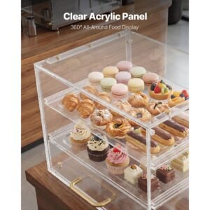 bakery display case, 3 tier commercial countertop pastry display case, clear acrylic bread box for kitchen, party cake cabinet with flip up door for cookie dessert donut, 13" x 10.2" x 10.2"