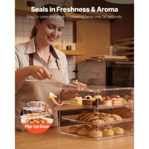 bakery display case, 3 tier commercial countertop pastry display case, clear acrylic bread box for kitchen, party cake cabinet with flip up door for cookie dessert donut, 13" x 10.2" x 10.2"