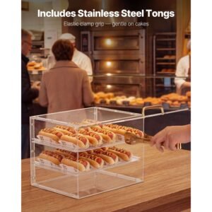 bakery display case, 3 tier commercial countertop pastry display case, clear acrylic bread box for kitchen, party cake cabinet with flip up door for cookie dessert donut, 13" x 10.2" x 10.2"