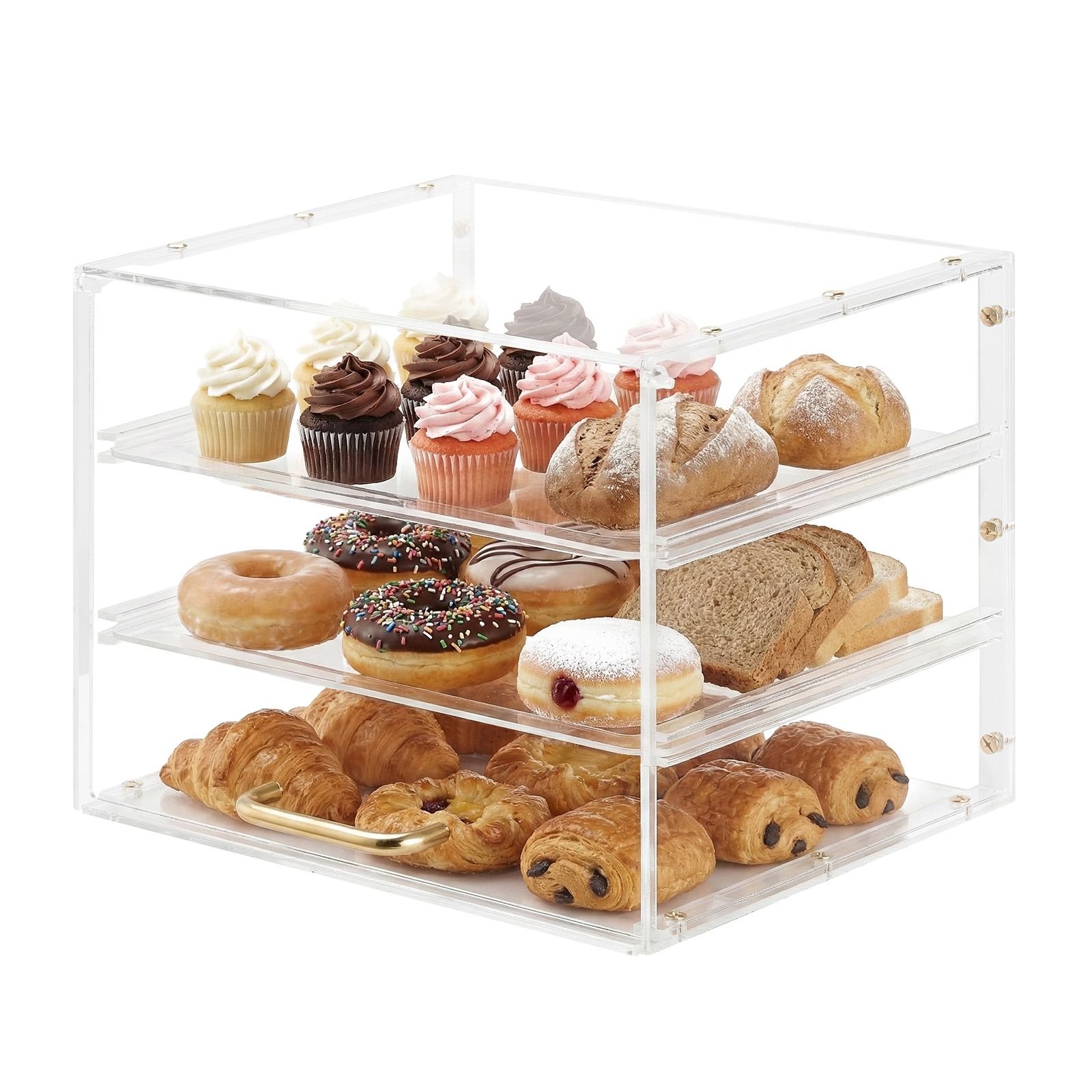 bakery display case, 3 tier commercial countertop pastry display case, clear acrylic bread box for kitchen, party cake cabinet with flip up door for cookie dessert donut, 13" x 10.2" x 10.2"