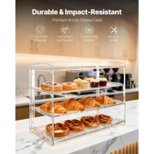 bakery display case, 3 tier commercial countertop pastry display case, clear acrylic bread box for kitchen, party cake cabinet with flip up door for cookie dessert donut bagel, 19" x 9.1" x 15"
