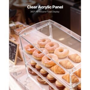 bakery display case, 3 tier commercial countertop pastry display case, clear acrylic bread box for kitchen, party cake cabinet with flip up door for cookie dessert donut bagel, 19" x 9.1" x 15"