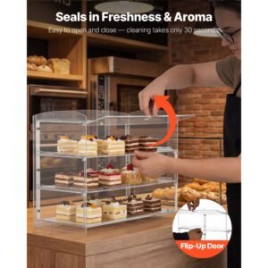 bakery display case, 3 tier commercial countertop pastry display case, clear acrylic bread box for kitchen, party cake cabinet with flip up door for cookie dessert donut bagel, 19" x 9.1" x 15"