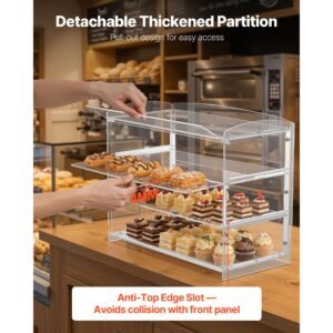 bakery display case, 3 tier commercial countertop pastry display case, clear acrylic bread box for kitchen, party cake cabinet with flip up door for cookie dessert donut bagel, 19" x 9.1" x 15"