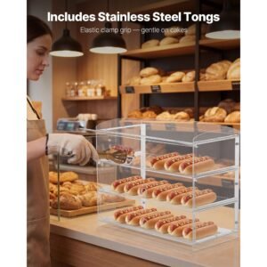 bakery display case, 3 tier commercial countertop pastry display case, clear acrylic bread box for kitchen, party cake cabinet with flip up door for cookie dessert donut bagel, 19" x 9.1" x 15"