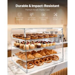 bakery display case, 4 tier commercial countertop pastry display case, clear acrylic bread box for kitchen, party cake cabinet with magnetic rear door for cookie dessert donut, 20.9"x17.1"x16.3"