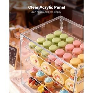 bakery display case, 4 tier commercial countertop pastry display case, clear acrylic bread box for kitchen, party cake cabinet with magnetic rear door for cookie dessert donut, 20.9"x17.1"x16.3"