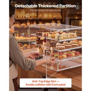 bakery display case, 4 tier commercial countertop pastry display case, clear acrylic bread box for kitchen, party cake cabinet with magnetic rear door for cookie dessert donut, 20.9"x17.1"x16.3"