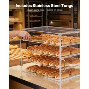 bakery display case, 4 tier commercial countertop pastry display case, clear acrylic bread box for kitchen, party cake cabinet with magnetic rear door for cookie dessert donut, 20.9"x17.1"x16.3"