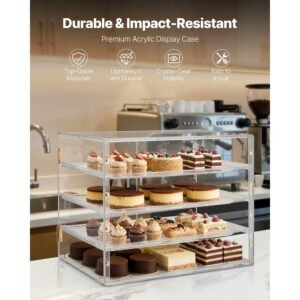 bakery display case, 4 tier commercial countertop pastry display case, clear acrylic bread box for kitchen, party cake cabinet with magnetic rear door for cookie dessert donut, 22.4"x17.3"x15.9"