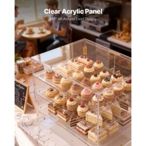 bakery display case, 4 tier commercial countertop pastry display case, clear acrylic bread box for kitchen, party cake cabinet with magnetic rear door for cookie dessert donut, 22.4"x17.3"x15.9"