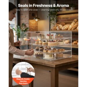 bakery display case, 4 tier commercial countertop pastry display case, clear acrylic bread box for kitchen, party cake cabinet with magnetic rear door for cookie dessert donut, 22.4"x17.3"x15.9"