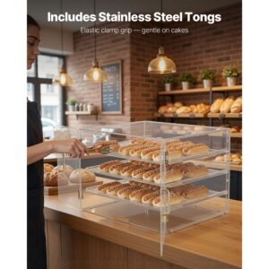bakery display case, 4 tier commercial countertop pastry display case, clear acrylic bread box for kitchen, party cake cabinet with magnetic rear door for cookie dessert donut, 22.4"x17.3"x15.9"