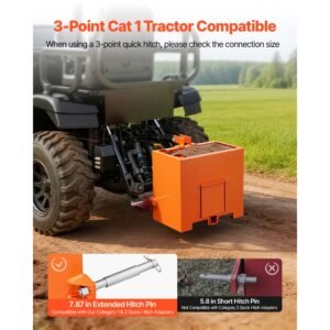 ballast box, 3 point category 1 tractor ballast of 800 lbs capacity, standard 2 inch hitch receiver, heavy duty steel 3.2 ft³ large volume durable loader attachment with sliding door, orange