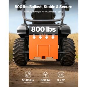 ballast box, 3 point category 1 tractor ballast of 800 lbs capacity, standard 2 inch hitch receiver, heavy duty steel 3.2 ft³ large volume durable loader attachment with sliding door, orange