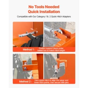 ballast box, 3 point category 1 tractor ballast of 800 lbs capacity, standard 2 inch hitch receiver, heavy duty steel 3.2 ft³ large volume durable loader attachment with sliding door, orange