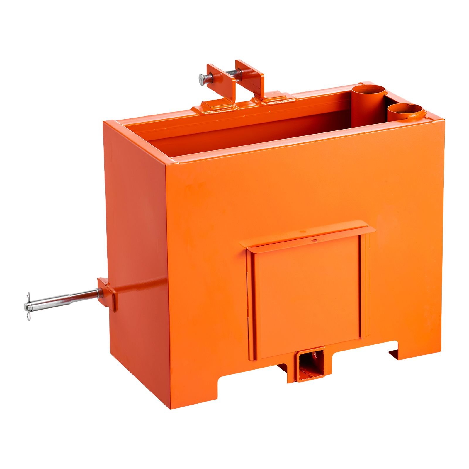 ballast box, 3 point category 1 tractor ballast of 800 lbs capacity, standard 2 inch hitch receiver, heavy duty steel 3.2 ft³ large volume durable loader attachment with sliding door, orange