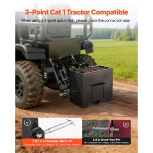 ballast box, 3 point category 1 tractor ballast of 800 lbs capacity, with standard 2 inch hitch receiver, heavy duty steel 3.2 ft³ large volume durable loader attachment with sliding door, black