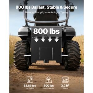 ballast box, 3 point category 1 tractor ballast of 800 lbs capacity, with standard 2 inch hitch receiver, heavy duty steel 3.2 ft³ large volume durable loader attachment with sliding door, black