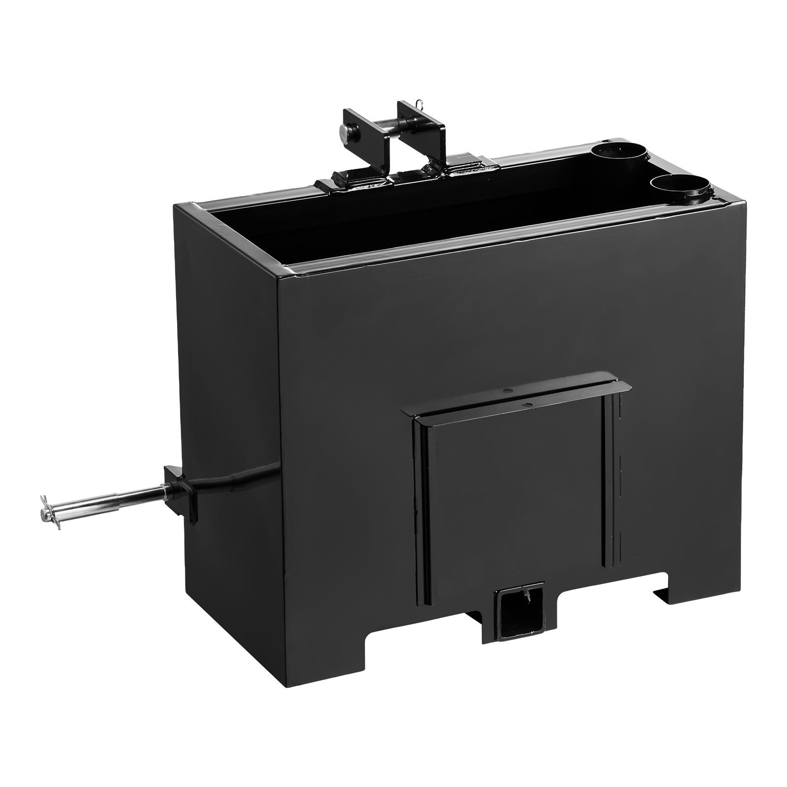 ballast box, 3 point category 1 tractor ballast of 800 lbs capacity, with standard 2 inch hitch receiver, heavy duty steel 3.2 ft³ large volume durable loader attachment with sliding door, black