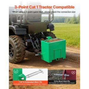 ballast box, 3 point category 1 tractor ballast of 800 lbs capacity, with standard 2 inch hitch receiver, heavy duty steel 3.2 ft³ large volume durable loader attachment with sliding door, green