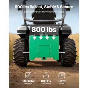 ballast box, 3 point category 1 tractor ballast of 800 lbs capacity, with standard 2 inch hitch receiver, heavy duty steel 3.2 ft³ large volume durable loader attachment with sliding door, green