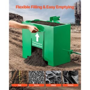 ballast box, 3 point category 1 tractor ballast of 800 lbs capacity, with standard 2 inch hitch receiver, heavy duty steel 3.2 ft³ large volume durable loader attachment with sliding door, green