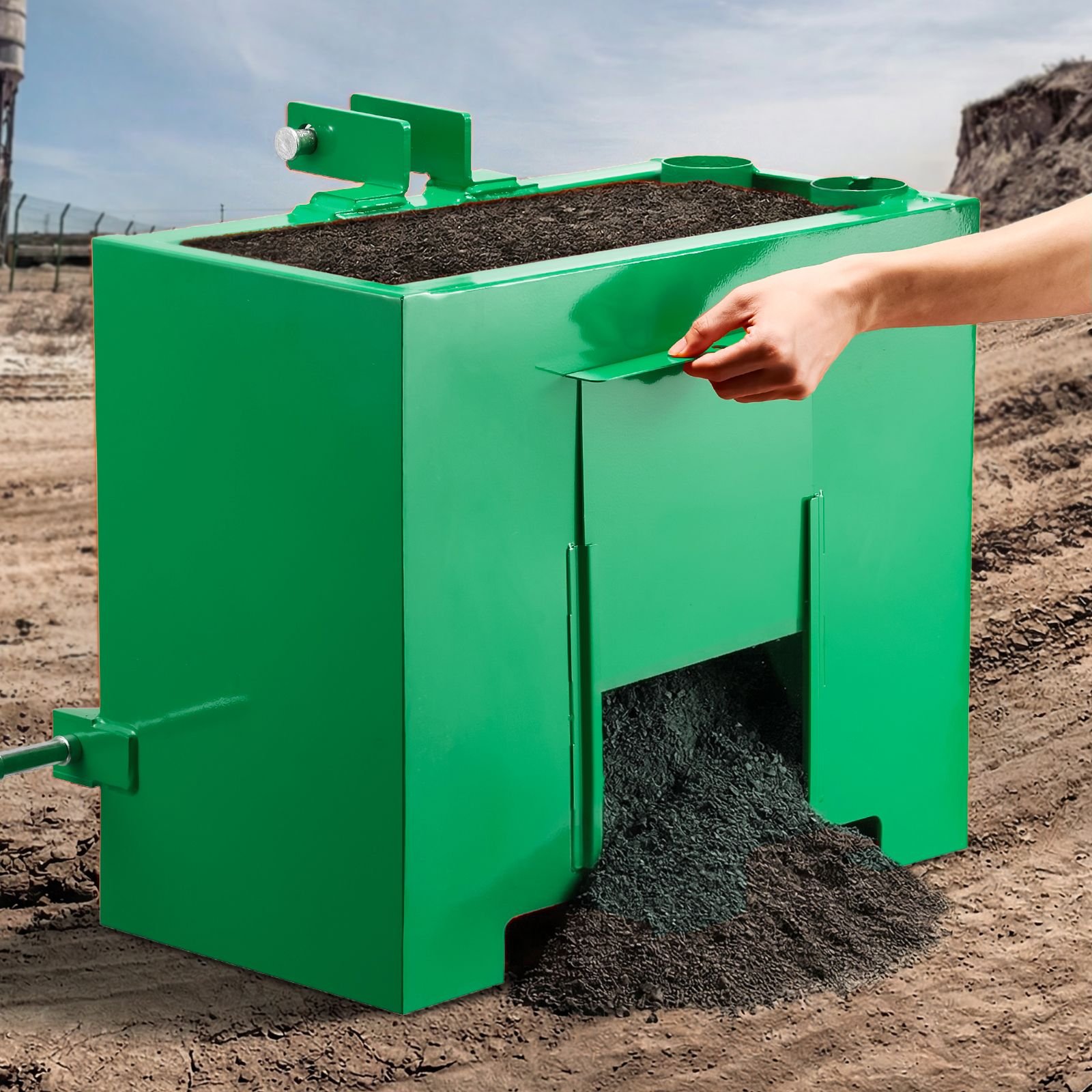 ballast box, 3 point category 1 tractor ballast of 800 lbs capacity, with standard 2 inch hitch receiver, heavy duty steel 3.2 ft³ large volume durable loader attachment with sliding door, green