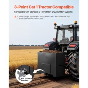 ballast box, 3 point category 1 tractor ballast of 800 lbs capacity, with standard 2 inch hitch receiver, heavy duty steel 5 ft³ large volume durable loader attachment with sliding door, black