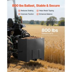 ballast box, 3 point category 1 tractor ballast of 800 lbs capacity, with standard 2 inch hitch receiver, heavy duty steel 5 ft³ large volume durable loader attachment with sliding door, black