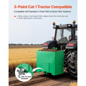 ballast box, 3 point category 1 tractor ballast of 800 lbs capacity, with standard 2 inch hitch receiver, heavy duty steel 5 ft³ large volume durable loader attachment with sliding door, green