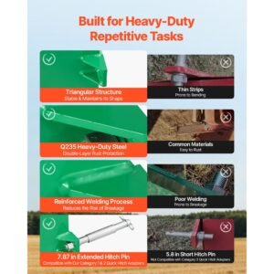 ballast box, 3 point category 1 tractor ballast of 800 lbs capacity, with standard 2 inch hitch receiver, heavy duty steel 5 ft³ large volume durable loader attachment with sliding door, green