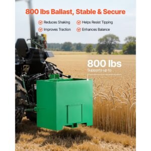 ballast box, 3 point category 1 tractor ballast of 800 lbs capacity, with standard 2 inch hitch receiver, heavy duty steel 5 ft³ large volume durable loader attachment with sliding door, green