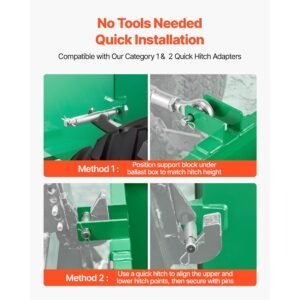 ballast box, 3 point category 1 tractor ballast of 800 lbs capacity, with standard 2 inch hitch receiver, heavy duty steel 5 ft³ large volume durable loader attachment with sliding door, green
