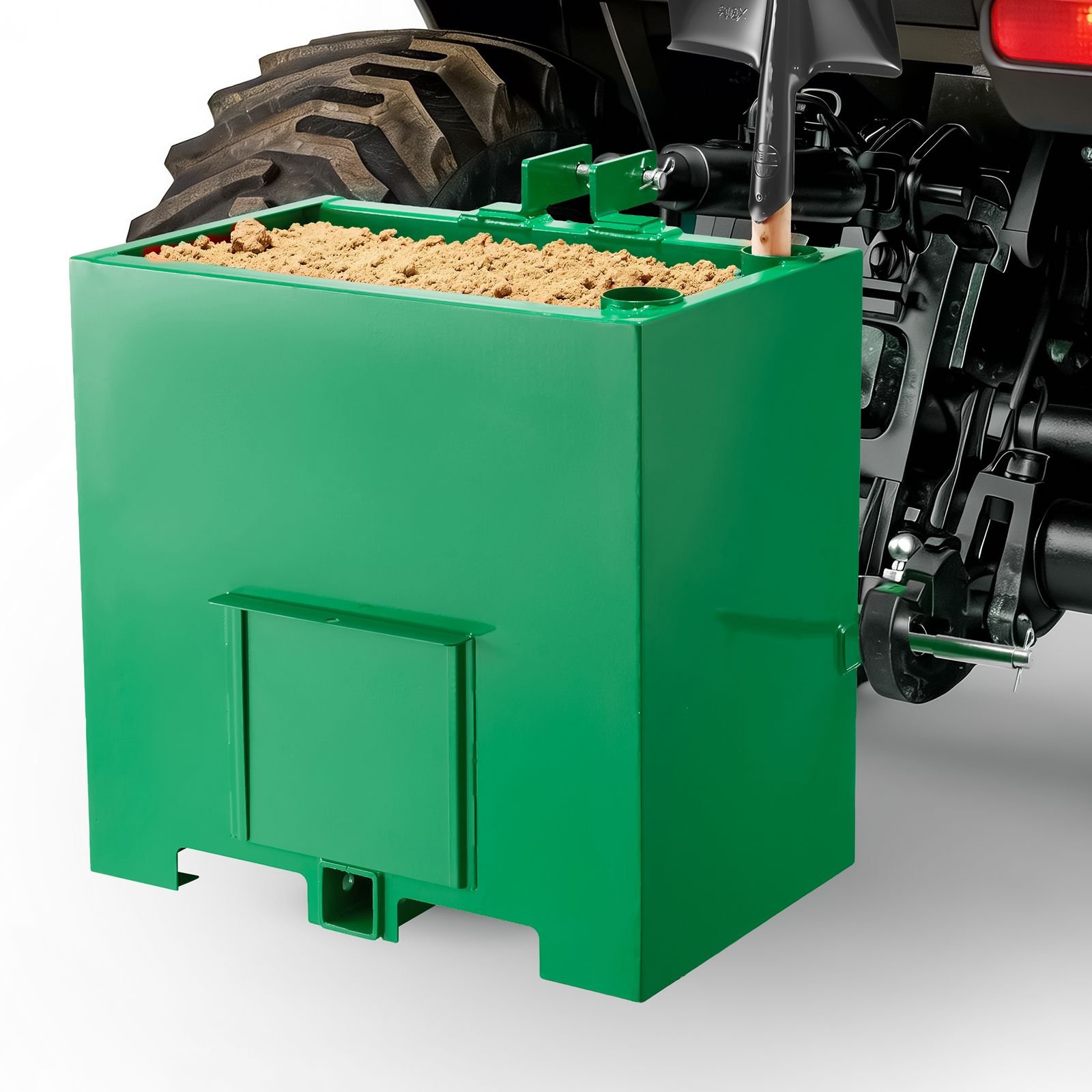 ballast box, 3 point category 1 tractor ballast of 800 lbs capacity, with standard 2 inch hitch receiver, heavy duty steel 5 ft³ large volume durable loader attachment with sliding door, green
