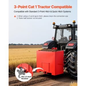 ballast box, 3 point category 1 tractor ballast of 800 lbs capacity, with standard 2 inch hitch receiver, heavy duty steel 5 ft³ large volume durable loader attachment with sliding door, red