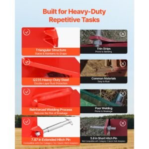 ballast box, 3 point category 1 tractor ballast of 800 lbs capacity, with standard 2 inch hitch receiver, heavy duty steel 5 ft³ large volume durable loader attachment with sliding door, red