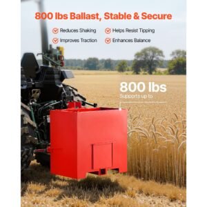 ballast box, 3 point category 1 tractor ballast of 800 lbs capacity, with standard 2 inch hitch receiver, heavy duty steel 5 ft³ large volume durable loader attachment with sliding door, red