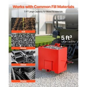 ballast box, 3 point category 1 tractor ballast of 800 lbs capacity, with standard 2 inch hitch receiver, heavy duty steel 5 ft³ large volume durable loader attachment with sliding door, red