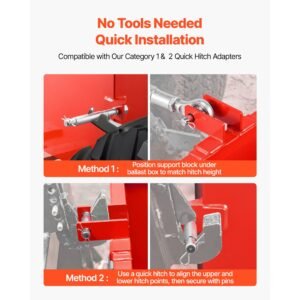 ballast box, 3 point category 1 tractor ballast of 800 lbs capacity, with standard 2 inch hitch receiver, heavy duty steel 5 ft³ large volume durable loader attachment with sliding door, red