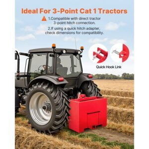 ballast box, 3 point category 1 tractor ballast of 800lbs capacity, for 2 inch hitch receiver, heavy duty steel 4.3 ft³ large volume loader attachment with sliding door, red