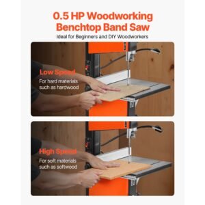 band saw, 10 inch, two speed benchtop bandsaw with 373w 1/2 hp motor, 6 in max cutting height, 13.2 x 13.4 in cast iron table, with 360° work light, miter gauge, fence, band saw for woodworking