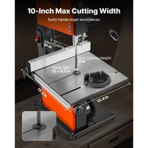 band saw, 10 inch, two speed benchtop bandsaw with 373w 1/2 hp motor, 6 in max cutting height, 13.2 x 13.4 in cast iron table, with 360° work light, miter gauge, fence, band saw for woodworking