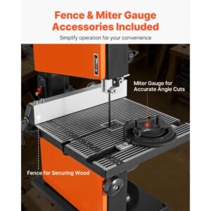 band saw, 9 inch, woodworking benchtop bandsaw with 1/2 hp motor, 3.5 inch max cutting height, 11.8 x 11.8 in cast aluminum table, 0 45° tilting range, with miter gauge, fence, for woodworking