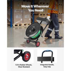 banding strapping cart, fit for pet / pp / polyester strapping coils with 8 inches core size, heavy duty strapping dispenser equipped with upgrade brake system, built in spacious tray for tools