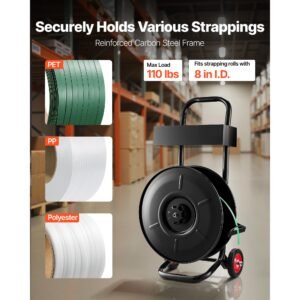 banding strapping cart, fit for pet / pp / polyester strapping coils with 8 inches core size, heavy duty strapping dispenser equipped with upgrade brake system, built in spacious tray for tools