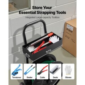 banding strapping cart, fit for pet / pp / polyester strapping coils with 8 inches core size, heavy duty strapping dispenser equipped with upgrade brake system, built in spacious tray for tools