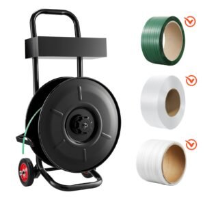 Banding Strapping Cart, Fit for PET / PP / Polyester Strapping Coils with 8 inches Core Size, Heavy Duty Strapping Dispenser Equipped with Upgrade Brake System, Built-in Spacious Tray for Tools