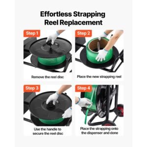 banding strapping cart, fit for pet / pp / polyester strapping coils with 8 inches core size, heavy duty strapping dispenser equipped with upgrade brake system, built in spacious tray for tools